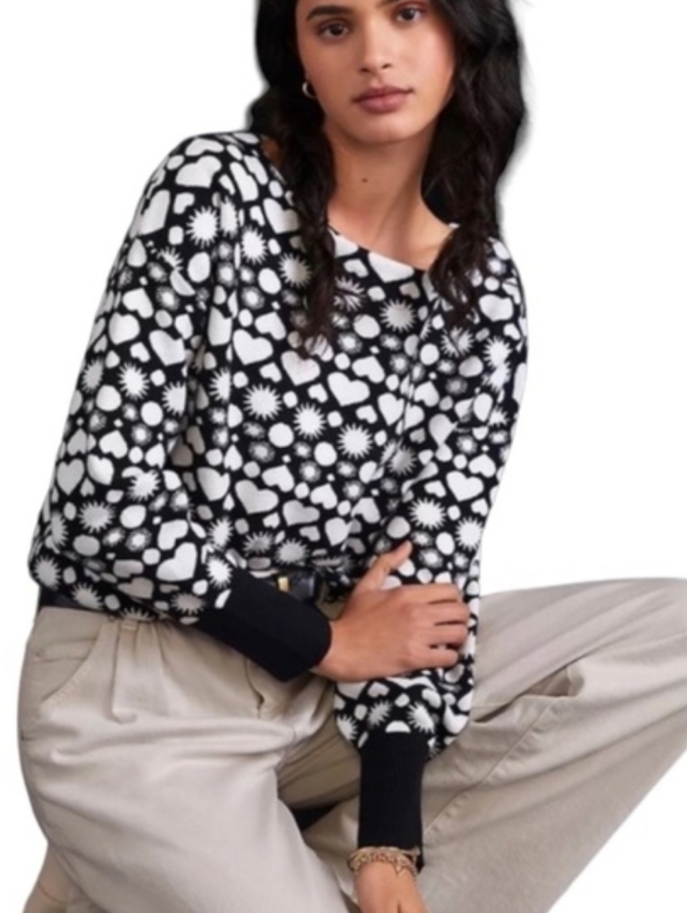 Maeve Anthropologie Black And White Heart Sun Sweater -XL/1x - Picture 2 of 4